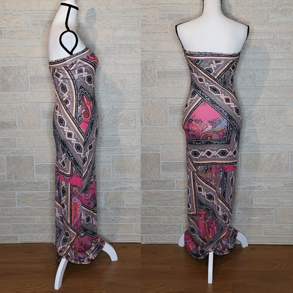 HALE BOB 100% SILK TUBE DRESS SHEATH BUILT IN BRA MAXI STRAPLESS GRAPHIC PAISLEY - Picture 2 of 5